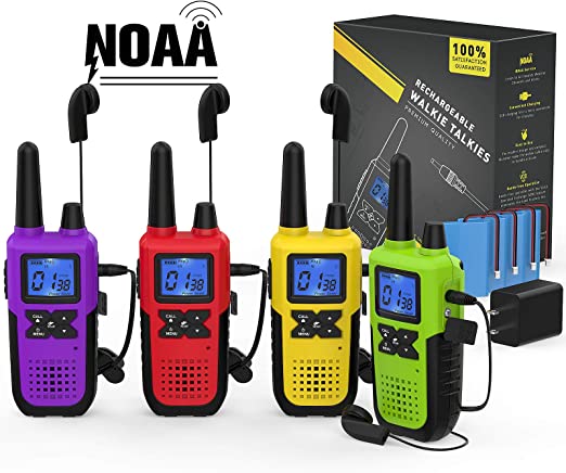 4 walkie talkies recargables para adultos de largo alcance, radios de 2 vías de larga distancia, walkie talkies, paquete de 4 walkie talkies de trabajo con auriculares y micrófono, cargador USB, batería NOAA Radio meteorológica